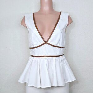 STAUD Trent White Peplum Top Brown Faux Leather Trim Button Back